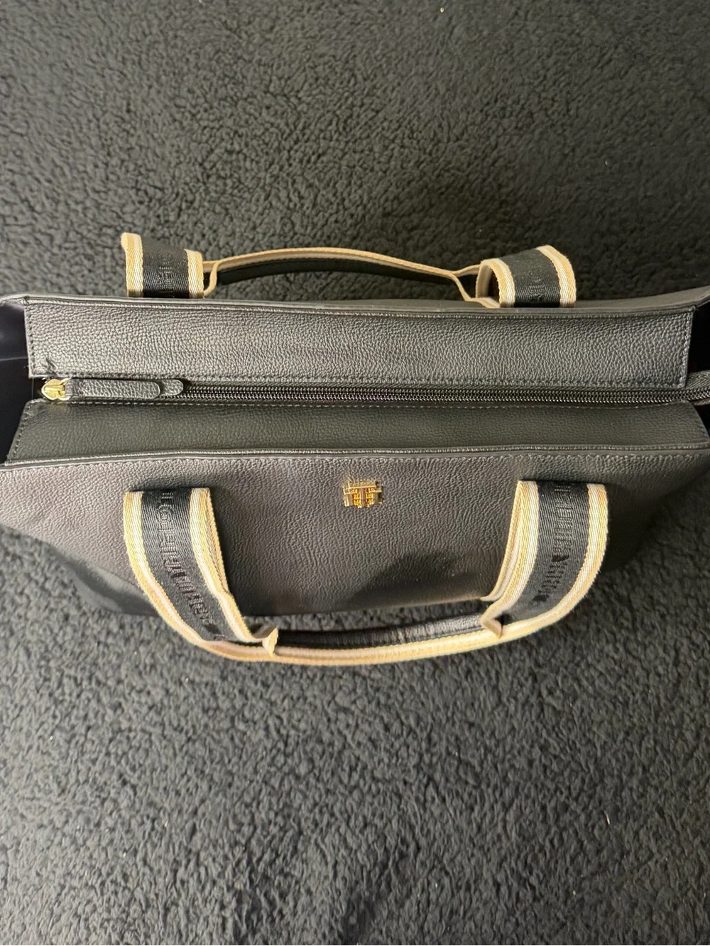 Tommy Hilfiger Black Pebbled Tote with Cream and Black Striped Webbing Straps